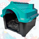 casinha para pets de plástico azul e preto com almofada de patinhas