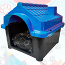 Casa para pet de plástico azul e preto com almofada estampada de patinhas