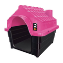 casinha de plástico para pets na cor rosa e preta, formato de casa com telhado, para cães ou gatos